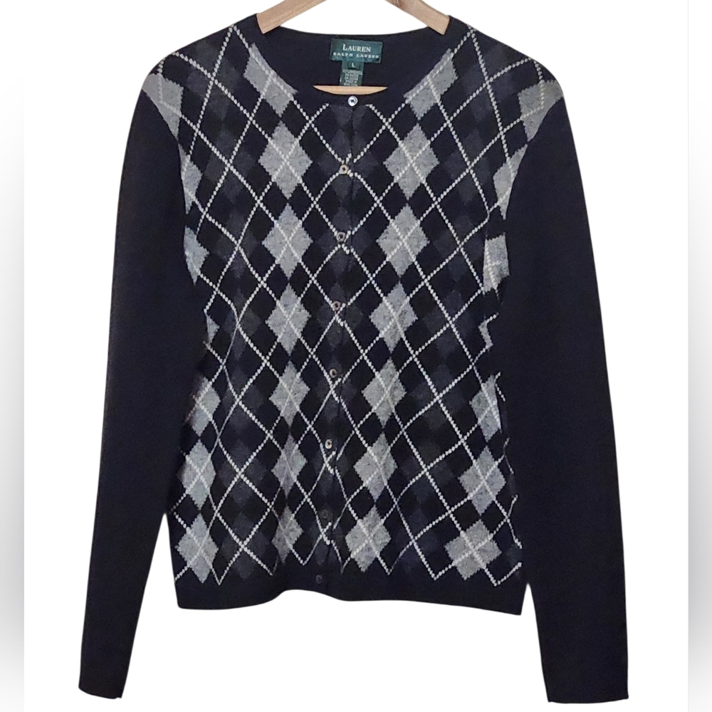 Vintage Lauren Ralph Lauren 100% Lambswool Knit Argyle Cardigan Large